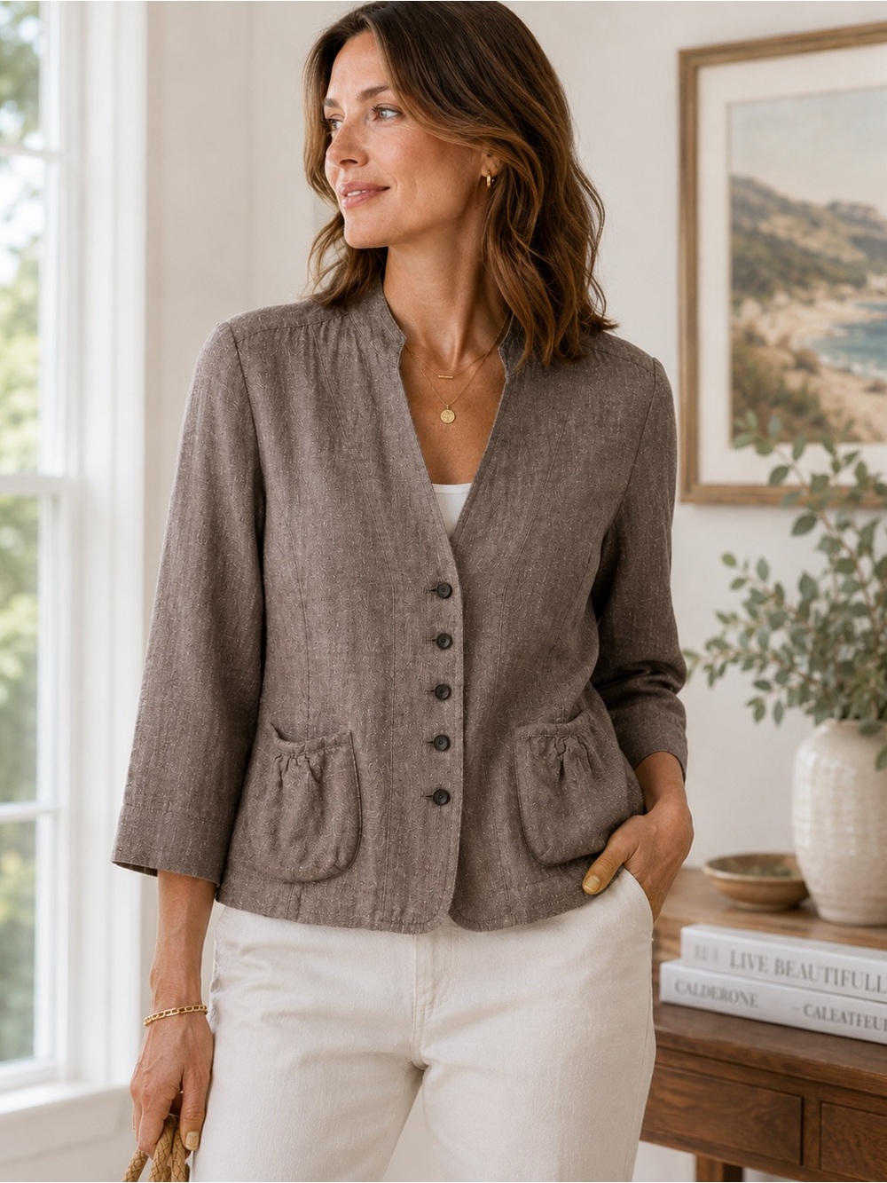 Banana Republic Women’s Brown Linen Jacket 3/4 Sleeve Button Front Size‎ S 1076